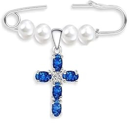 Broche mariage bleu pour femme – Broche croix élégante avec perles blanches, cadeau de mariage pour la mariée, attacher sur robe, bouquet ou jarretière,Accessoires de mariage pour la mariée chrétienne
