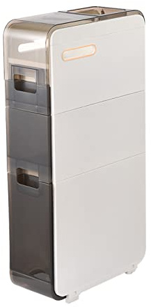 Torre portaoggetti da bagno autoportante a 4 ripiani, sottile, con cassetti trasparenti e rotelle, salvaspazio, per piccoli spazi, ideale per riporre i servizi igienici