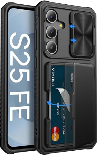 Vihibii för Samsung Galaxy S25 FE fodral med kortfack (4 kort), kameraskydd glidande, silikon, militärt skydd, stötsäkert fodral, robust RFID-blockerare, mobiltelefonfodral för Galaxy S25 FE 6,7 tum