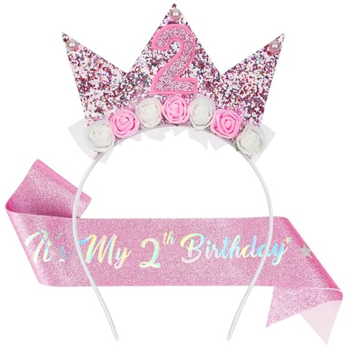 AOOTE Corona Compleanno Bambina, 2 Anni Fascia Tiara, Cintura Di Compleanno per Bambina, Principessa Cerchietto Corona, Corona Con Fiori di Rosa, per Ragazze, Decorazioni Compleanno, Festa, Natale