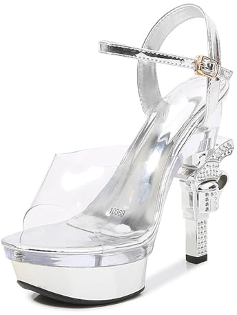 KKdhsfy Plattformssandaler för kvinnor öppen tå stilett höga klackar klar ankelrem spänne sexig klänning skor 14 cm klackar, SILVER, 37 EU