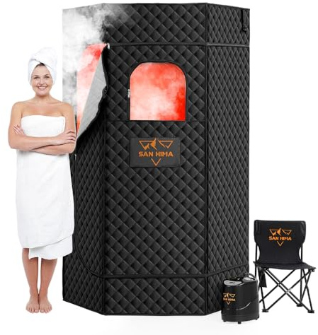 SAN HIMA Bärbar bastu för hemmet – personlig ångbastu låda hemma spa med 3 L 1 500 W ångkokare, 9 nivåer värme, 90 minuters timer, dimbar LED-ljus, hopfällbar stol, fjärrkontroll för inomhus utomhus