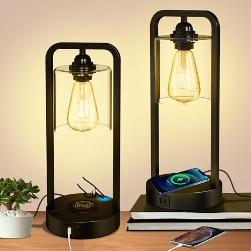 Yicenscoltd Nachttischlampe dimmbar mit 3 Helligkeiten, Touch, USB-C/A, Steckdose & Wireless Charging für Schlafzimmer & Wohnzimmer