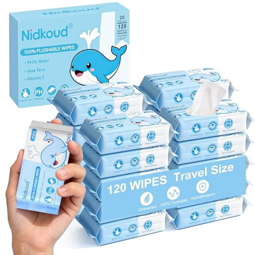 Nidkoud Mini Flushable Wipes Travel Size, 20 Pack (120 Wipes) 99.5% Water Wet Wipes Flushable Pack with Aloe Vera for Sensitive Skin, Unscented Pocket Wipes for Adults, Travel Cleaning Essentials