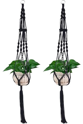 Hilai 2 colgadores de macramé para Plantas, 39 Pulgadas, Estilo Bohemio, con Anillo de Metal, para Interior y Exterior, Pared, Techo, Ventana, decoración del hogar, Color Negro