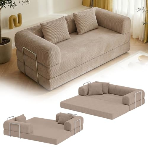 skølm Lofn Schlafsofa 2-Sitzer 200 cm, Cord Taupe, mit 2 Kissen, Klappsofa | Ausklappbare Couch zum Bodensofa, Vollschaumcouch Boneless mit Stahlgestell, Cordsofa Wohnzimmer, vakuumverpackt, Klappsofa