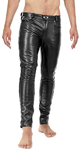 Bockle® 1991 Tub läderbyxor herr läder jeans rör skinny slim fit män, svart, 36W x 36L