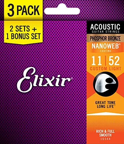 Saiten für Akustikgitarren, Elixir 16544 Nanoweb, Bronze 11–52, 2 Sets und ein Bonus-Set
