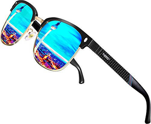 ATTCL Sonnenbrille Herren Polarisiert Für Autofahren: UV400 Schutz Leicht AL-MG Eckige Halbrandbrille Verspiegelt Reise 8188 Blau