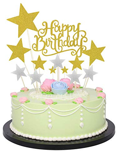 1 PCS Gold Birthday Cake Decoration Gold Happy Birthday Handmade Cake Topper and 12 PCS Pentacle Stars Cake Toppers Decoration for Party Decoration by Allazone