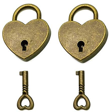 mciskin Mini lucchetti in stile antico vintage con chiave, mini lucchetti in bronzo anticato, 2 set (cuore)