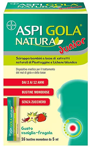 Aspi Gola Natura Junior, Sciroppo Mal di gola e Tosse Associata con Estratti Naturali di Aloe Vera, Lichene Islandico e Acido Ialuronico, Gusto Vaniglia Fragola, 16 Bustine Monodose 5 ml