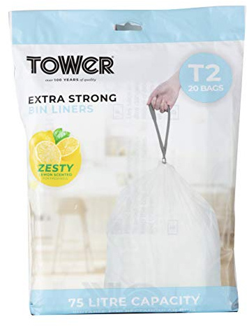 Tower 75L Lemon Scented Bin Liners, 20 Pack, White