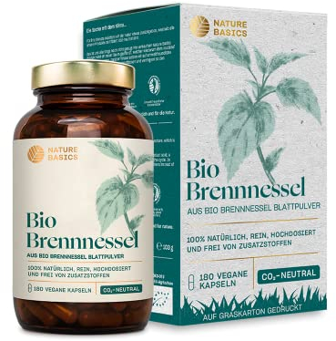 Bio Brennnessel - 180 Kapseln hochdosiert / 900 mg hochwertiges & reines Bio Brennnesselblattpulver pro Tagesdosis/Vegan, Zertifiziert & Nachhaltig im Glas