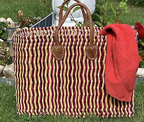 LaFiore24 Korb Einkaufskorb Damen Shopper Natur Handtasche Henkeltasche Naturkorb Gross - Rot