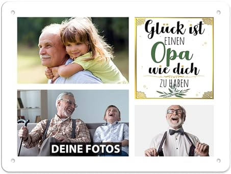 PR Print Royal Blech-Schild selbst gestalten - Glück ist einen Opa wie Dich zu haben - Metall-Poster mit 3 Fotos - Schild A5 I Personalisiertes Geschenk für den Opa, Geburtstag, Weihnachten