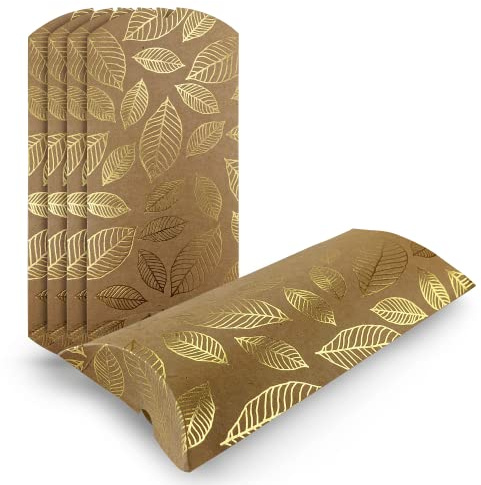 Netuno 5 x Geschenkbox Braun Kraftkarton mit goldenen Blättern 10x21 cm Faltschachtel Geschenkverpackung Box klein Geschenktüten Papier Kissenverpackung Pillow-Box Geschenkboxen Kissenboxen Fixbox