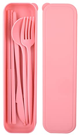 Travel Cutlery Set with Case, Portable Plastic Cutlery Set Reusable Forks Knives and Spoons Tableware for Kids Adult Camping Picnic School Outdoor Use (Pink)