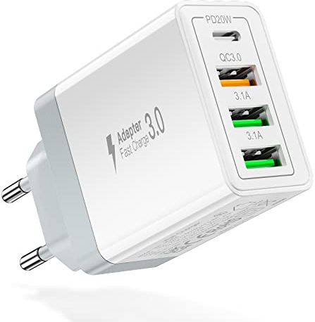 Caricatore USB C, caricabatterie rapido Acezeek 35W, alimentatore USB C a 4 porte (PD20W/QC3.0/3.1A*2) compatibile con iPhone/LG/Huawei/BlackBerry/Samsung Galaxy S20 S20+ ecc.(bianco)