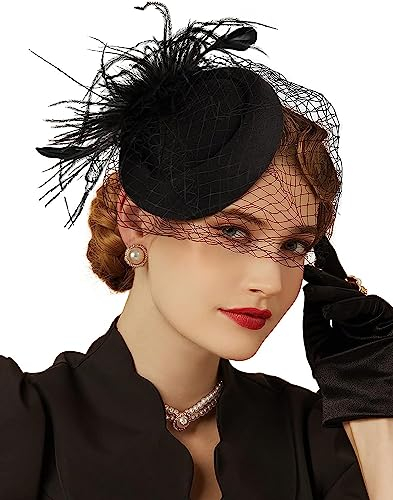 DRESHOW Fascinator Hüte für Damen Pillbox Hut mit Schleier Stirnband und Einer Gegabelten Clip Tea Party Kopfbedeckung