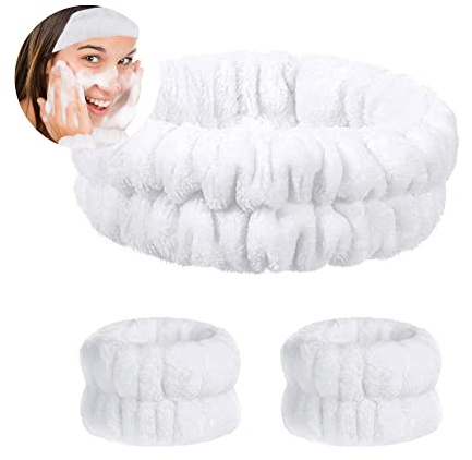 3 Stück Spa Gesicht Stirnband Handgelenk Waschbänder Set, Saugfähiges Makeup Haarband Gesicht Wasch Armbänder, Elastisches Abschmink Haarband Handgelenk zum Waschen des Gesichts (weiß)