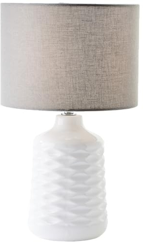 weiße Keramik Tischlampe mit grauem Stoff-Schirm - dekorative Tischleuchte | weiße Keramik Tischlampe mit grauem Stoff-Schirm - dekorative Tischleuchte mit Schnurzwischenschalter - 42 cm Höhe & 25 cm