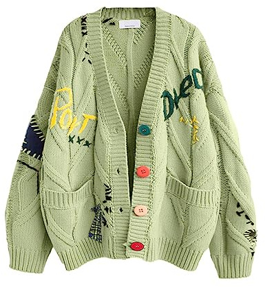 Women's Cable Knit Long Sleeve Open Front Cardigan Sheep V-Neck Button Down Embroidery Wool Blend Sweater Coat Outwear (L,Green)