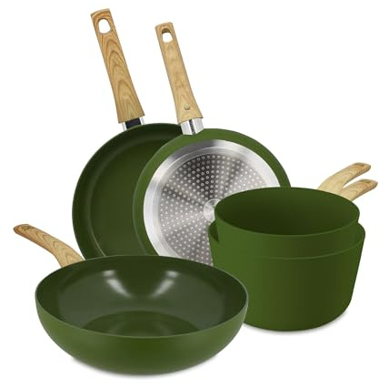 MENASTYL - Batterie de cuisine 5 pièces avec revêtement antiadhésif céramique (Sans PFAS/Sans PTFE) tous feux dont induction - 2 poêles / 2 casseroles / 1 wok - Gamme Colorama - Olive - 6014186