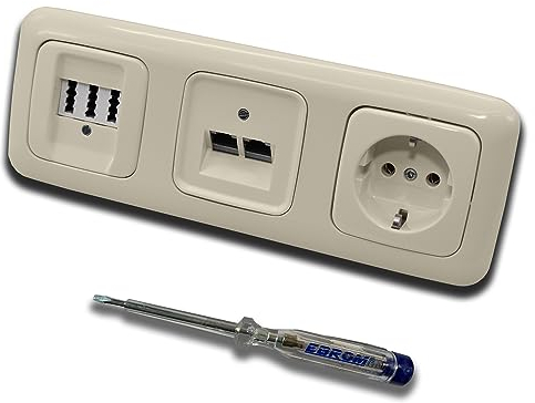 Busch Jäger, Rutenbeck Unterputz Netzwerkdose 10 Gigabit/S 10GbE KAT6A 6A 2x RJ45 Anschluss + EBROM Telefon TAE 3x6 NFN + Steckdose DURO2000 cremweiß Design + EBROM Phasenprüfer z. Montage d. Geräte