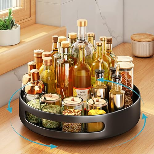 XFLYP 360° Drehteller Organizer, ø 25cm Drehbar Gewürzständer Lazy Susan Gewürzregal Küche & Kühlschrank Organizer Drehbar, Anti-Rutsch, Speisekammer Arbeitsplatte Schrank (Schwarz)