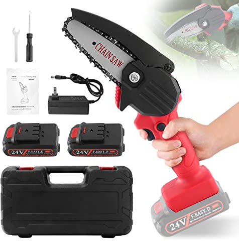 Ozonlife Mini Tronçonneuse à Batterie de 4 Pouces, Tronçonneuse Électrique Sans Fil 24V, Légèreté à Une Main, Scie à Chaîne Portable pour Coupe du Bois, l'élagage le Jardin (Chargeur + 2 Batterie)