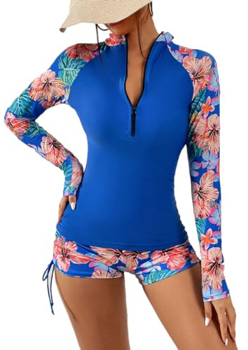 Camiseta de natación con protección Solar UV,Traje de Baño de Dos Pieza de Surf de Manga Larga para Mujer,Azul,M