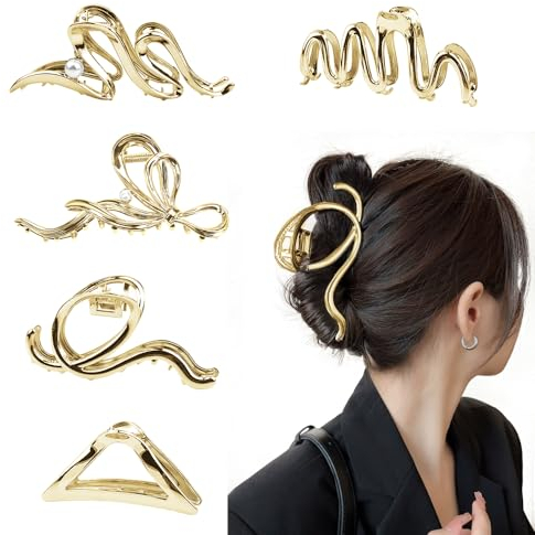 PEALOVCOM 5 Stück Große Haarklammern Gold Metall Haarspangen Damen Haarkrallen Clips Haarclips für Mädchen Haar-Accessoires Rutschfeste Klaue Clips für Dickes Dünnes Langes Haar