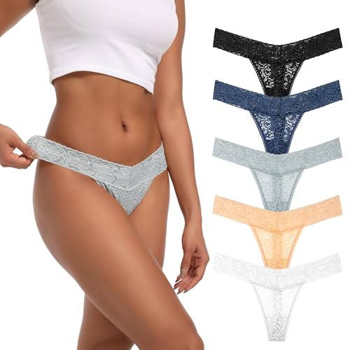 Auithery tangas för kvinnor sexiga spetsunderkläder magkontroll G-string stringtrosa hög midja underkläder storlek XS-4XL, 5 st spetsstringtrosor mörk, M