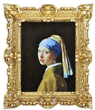 LIGUORO SHOP Bild Mädchen mit Perlenohrring von Veermer, Reproduktion, gedruckt auf Banner, Leinwand mit Barockrahmen, 45 x 37 cm (Gold)