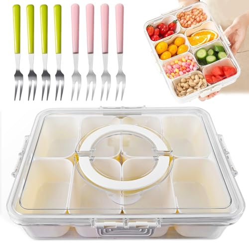 Snackteller mit Fächern, Snackschale mit Deckel und Fruchtgabel, Kunststoff Snackbox Snack Schalen Set Auslaufsicher, Snacktablett Organizer für SüßIgkeiten Candy Veggie Keks Nüsse Desserts Obst