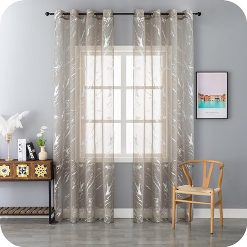 GIRASOLE HOME Coppia Tende Filtranti Fantasia Argentata Effetto Marmo 2 Pannelli da 140x285cm con Occhielli, Tortora