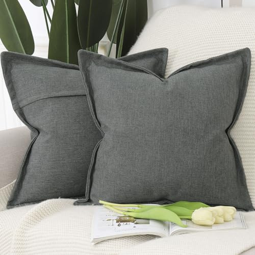 Madizz 2er Set Imitationsleinen Kissenbezügen mit breiter Kante Weiche dekorative Kissenbezüge für Sofa Schlafzimmer Kissenhülle Dunkelgrau 50x50 cm Quadrat