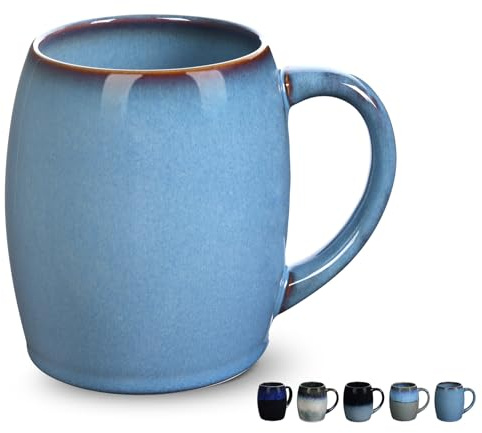 Taza de café de cerámica, tazas grandes de 500 ml, taza de café de porcelana con asa, taza de café de porcelana, taza de esmalte azul lisa para oficina y hogar, apta para microondas y lavavajillas