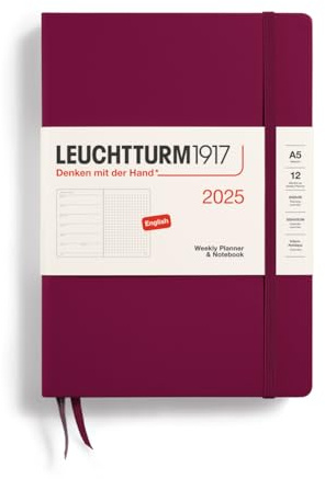 LEUCHTTURM1917 370662 Wochenkalender & Notizbuch Dotted Medium (A5) 2025, Port Red, Englisch