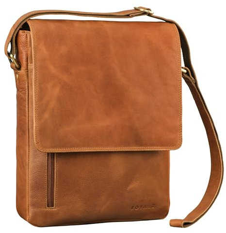 ROYALZ Herren Umhängetasche Leder Schultertasche 'Kansas' Vintage Ledertasche 13-14 Zoll Laptop-Tasche Echtleder Mittel-groß DIN A4 Messenger Bag für Männer, Farbe:Texas Braun