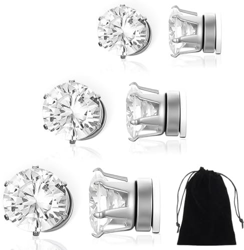 ZKGYUS Ohrringe Herren Magnet Ohrringe Herren 3 Paar Magnetische Ohrstecker Edelstahl Für Männer Rund/Quadratisch CZ-Intarsien Nicht Durchbohrend CZ Klipp Ohrstecker 3 Farben 5/6/7 mm