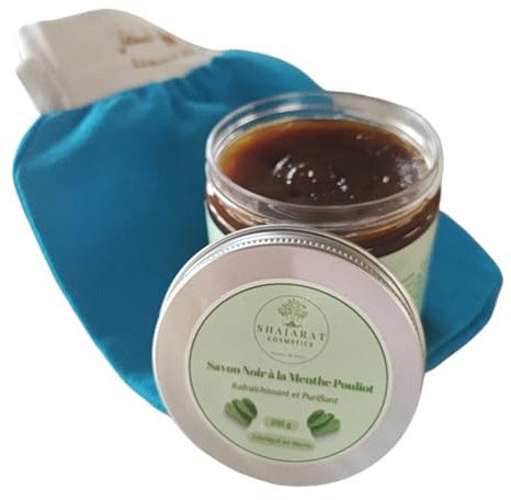 Savon Noir à la Menthe Pouliot avec Gant Offert - Exfoliation Naturelle et Hydratation - Purifie et Adoucit la Peau - Idéal pour Hammam et Soins du Corps - Format 200g