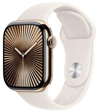 Apple Watch Series 10 GPS + Cellular 42 mm Smartwatch with Gold Titanium Case with Starlight Sport Band - S/M. Fitness Tracker, ECG App, Always-On Retina Display, Water Resistant