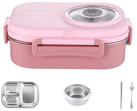 1100ml/38.7Oz Stainless Steel Lunch Container with Compartments, Salad Food Storage Box for Hot Food, Meal Prep Container with Cutlery & Thermos Insulated Design (Pink)