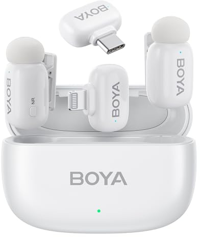 BOYA mini Mikrofon für iPhone Handy, 5g Ultraleicht, Lavalier Mikrofon Kabellos mit Lightning/USB-C, AI-Sprachmodulator, 3-Stufen-Rauschunterdrückung, 30h, Ansteckmikrofon für Interview, Weiß