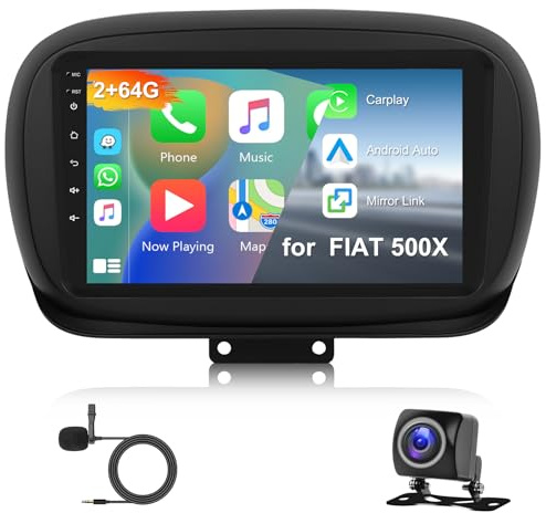 2GB+64GB Android Autoradio pour Fiat 500X 2014-2020 Carplay sans Fil Android Auto, Hodozzy Écran Tactile 9 Pouces Radio GPS WiFi, Bluetooth FM/RDS Lien Miroir, 2 Din Radio pour Fiat 500X Caméra