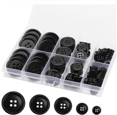 TSUOUKL 100 Piezas Botones Transparencia Negros, Botones de Camisa, Botones de 4 Agujeros, Botones Redondos para Coser Manualidades, Botones de Resina para Punto con Agujas