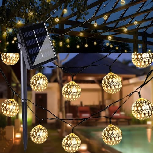 Solar Lichterkette Aussen, 12M 100LED Silber Marokkanischen Orb Schnurlichter, 8 Modi Lichterkette Außen LED Strom Beleuchtung, IP65 Wasserdicht Balkon Solarlichterkette für Terrasse Garten Camping