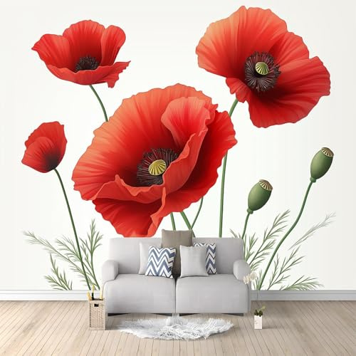 WHUOEUCO Papel Pintado Pared 3D Flores De Amapola Roja 350x256 cm Papel Tapiz Fotomurale 3D Dormitorio Salón Tv Fondo Pared Decora Murales Moderno